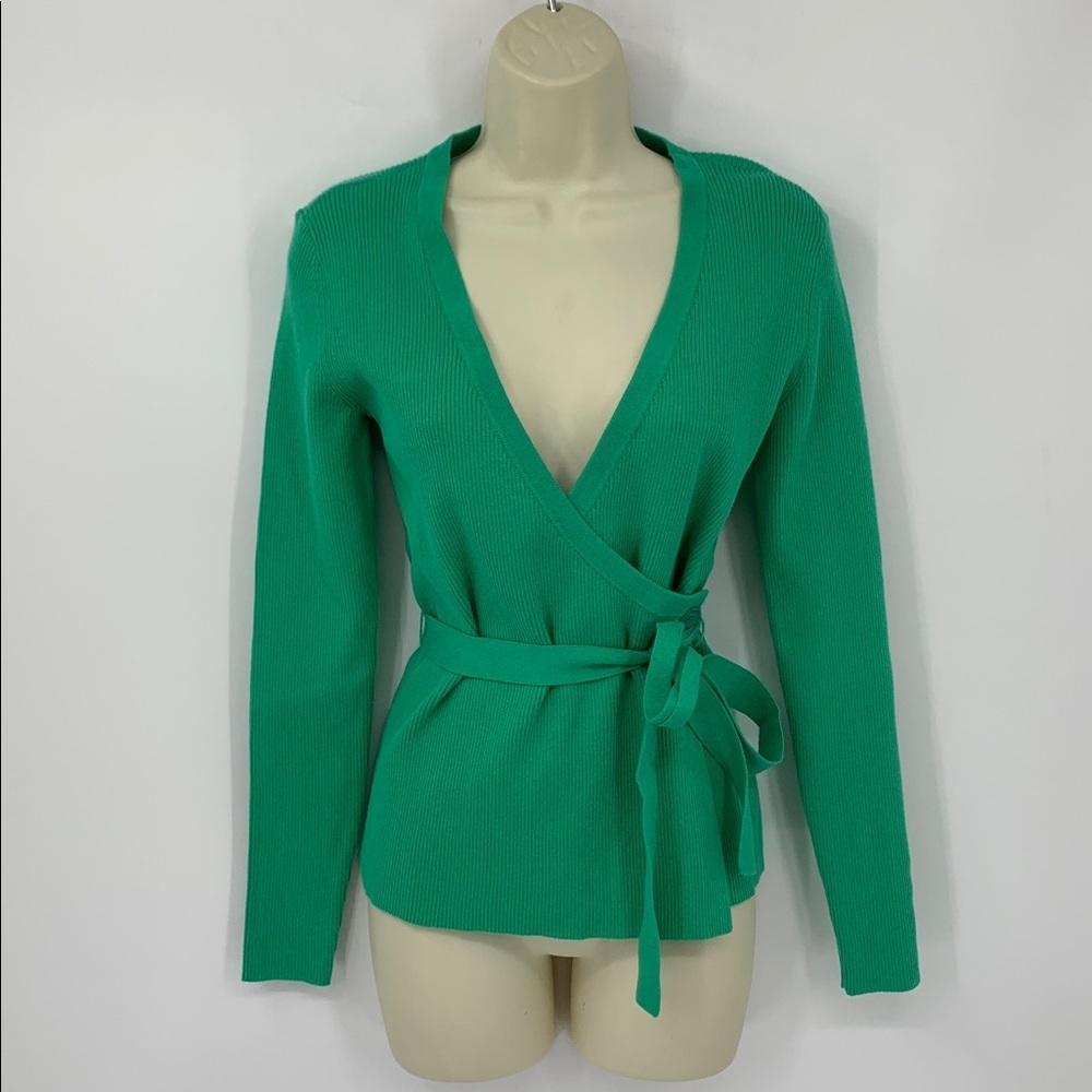 Cabi Cocktail cardigan sweater spring green wrap tie belt ribbed cotton new S
